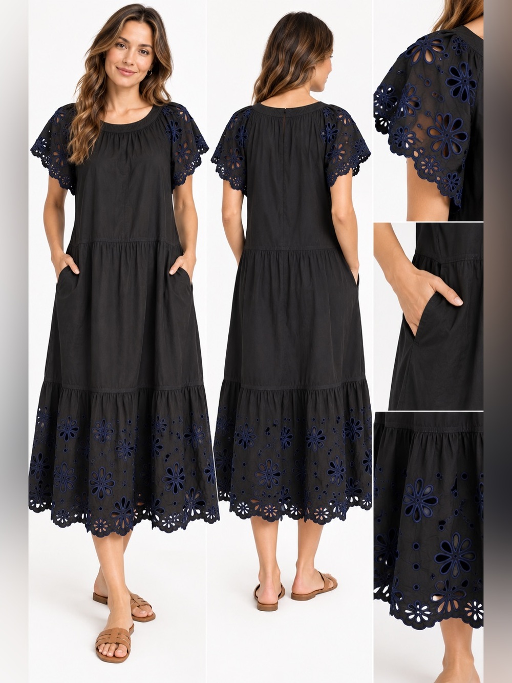 Eyelet cotton Midi Dress with Navy Floral Cutwork Sleeves